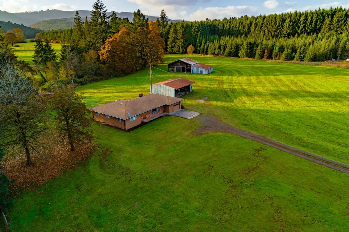 The image showcases a charming single-family farmhouse surrounded by open fields, a classic red barn, mature oak trees, and the expansive natural beauty of over 20 acres. The peaceful countryside setting is bathed in natural light, hinting at lush wildflowers and tranquil evenings perfect for stargazing.