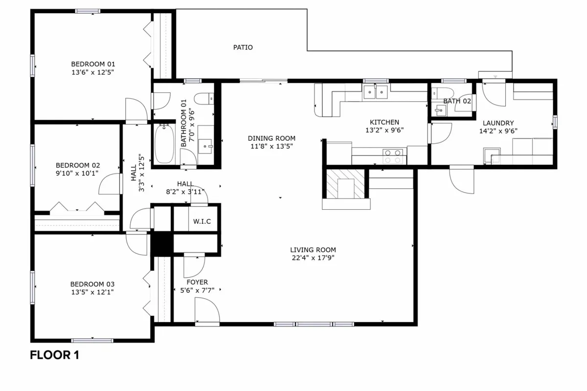 A wide-angle view of interconnected living spaces including the living room, kitchen, dining area, and glimpses of bedrooms. The open-plan design subtly hints at transitions between indoor comfort and outdoor experiences, aided by visible large windows and a patio door that suggests access to the outside world.