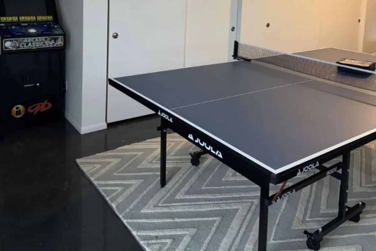 This vibrant interior image displays a dedicated game area featuring a ping pong table, a classic arcade game, and an inviting area rug. The scene evokes energy and playfulness, with ample space for both competitive matches and relaxed gaming sessions.