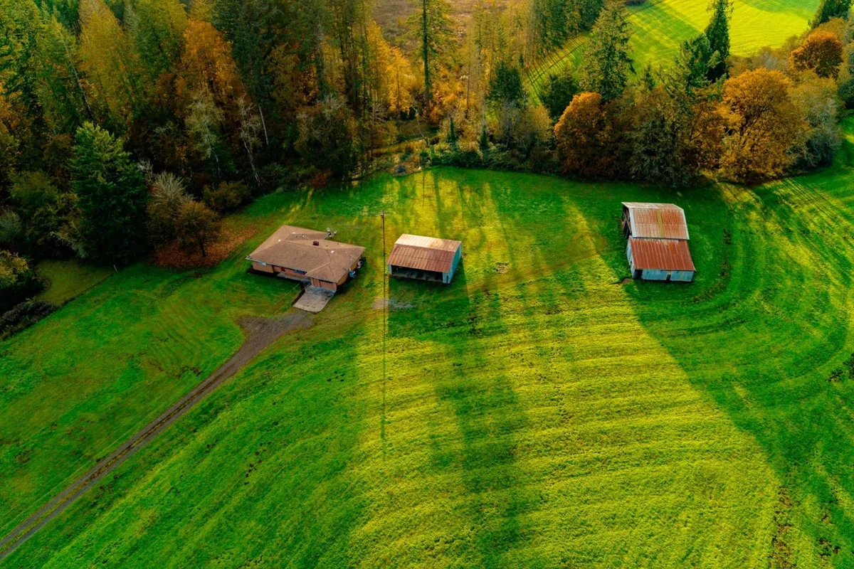 A wide exterior view of the farmstead, showing the main house and two outbuildings surrounded by a lush green field. The open expanse hints at plenty of space for families to roam, play games, and explore nature together. The peaceful scenery invites outdoor activities and showcases the heart of the countryside experience.